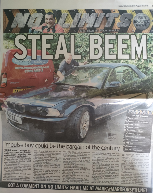 Steal Beem Newspaper Snippet Featuring Lomax Mobile Car Valeting